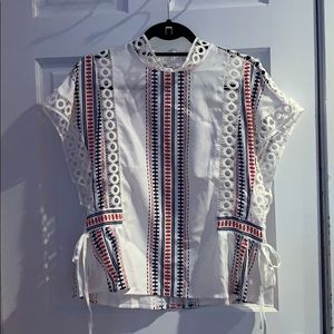 Red, white and navy blue short sleeve shirt